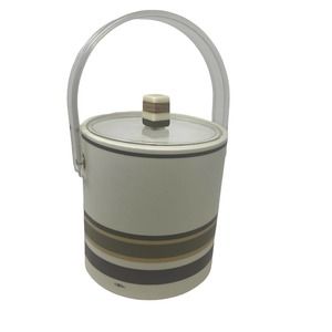 Cera Vintage MCM Striped Cream/Brown Plastic Ice Bucket w/ Lucite Handle